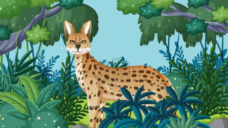 Téléchargez les illustrations : Illustration vectorielle d'un serval dans une forêt dense - en licence libre de droit