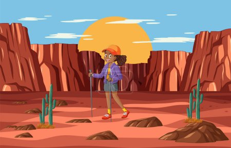 Senderista animado con mochila trekking en el desierto