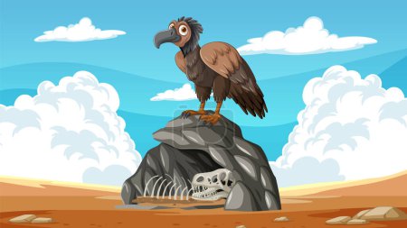 Illustration for Cartoon vulture standing on a rock with bones - Royalty Free Image