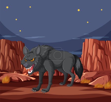 Ilustración de Lobo negro enojado bajo un cielo nocturno estrellado - Imagen libre de derechos