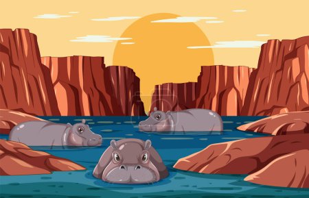 Three hippos in a river with a sunset backdrop