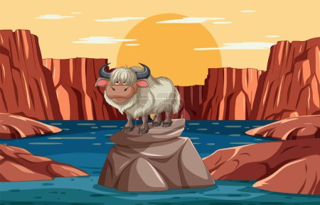 Téléchargez les illustrations : Yak de bande dessinée sur un rocher au milieu d'une rivière canyon - en licence libre de droit