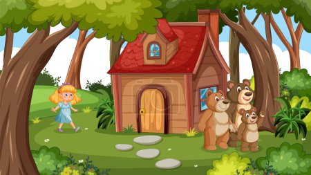 Illustration for Girl and bears near a cozy woodland cottage. - Royalty Free Image
