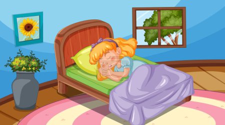 Cartoon girl sleeping peacefully in her bed