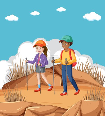 Illustration for Two children hiking on a sunny mountain path - Royalty Free Image