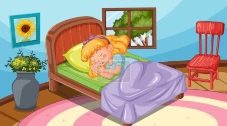 Ilustración de Dibujos animados chica durmiendo tranquilamente en su dormitorio - Imagen libre de derechos