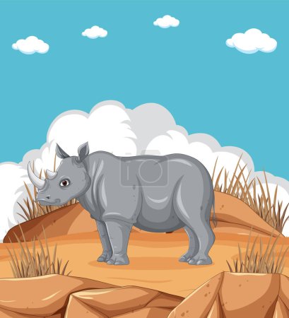 Cartoon rhino standing on a grassy cliff.