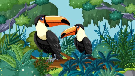 Téléchargez les photos : Deux toucans perchés dans une scène de jungle vibrante. - en image libre de droit