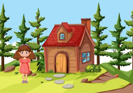 Téléchargez les illustrations : Fille souriante debout près d'une maison de forêt confortable - en licence libre de droit