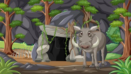 Illustration for Illustration of a boar outside a dark cave. - Royalty Free Image