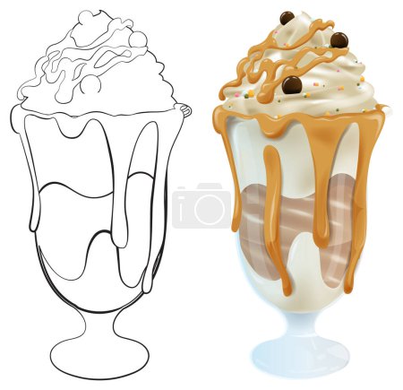 Illustration for Vector illustration of a caramel drizzled ice cream sundae. - Royalty Free Image