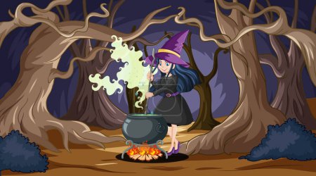 Illustration for A witch concocts a magical potion under moonlit trees. - Royalty Free Image