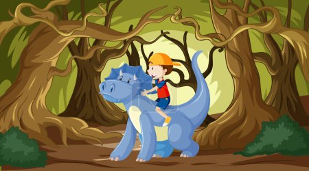 Téléchargez les illustrations : Jeune garçon chevauche un dragon bleu amical dans les bois. - en licence libre de droit