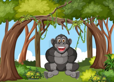 Téléchargez les photos : Gorille joyeux assis parmi les arbres de la forêt vibrante. - en image libre de droit
