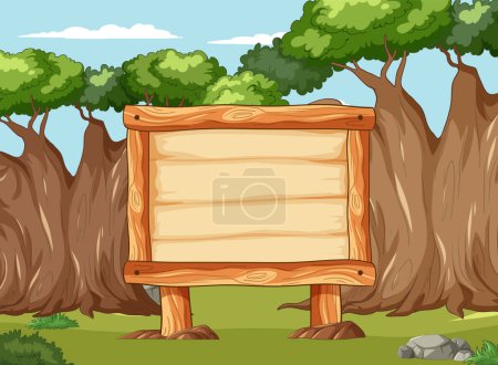 Illustration for Empty wooden signboard in a lush forest setting - Royalty Free Image