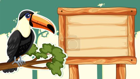 Téléchargez les illustrations : Toucan coloré perché à côté d'un panneau vide - en licence libre de droit