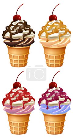 Téléchargez les illustrations : Quatre cônes de crème glacée colorés avec différents sirops - en licence libre de droit