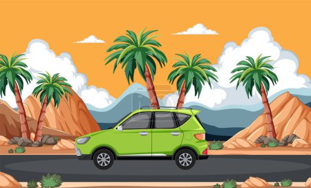 Illustration for Vector illustration of a car traveling in a desert - Royalty Free Image