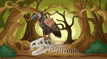 Illustration for Illustration of a vulture on a skeleton among trees. - Royalty Free Image