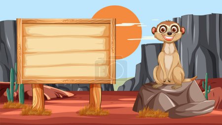 Téléchargez les illustrations : Meerkat dessin animé à côté d'un panneau en bois vierge - en licence libre de droit