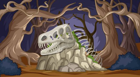 Ilustración vectorial de un esqueleto de dinosaurio en bosques