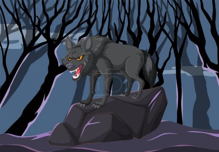 Téléchargez les illustrations : Loup en colère hurlant sur un rocher la nuit - en licence libre de droit