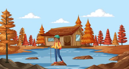 Ilustración de Persona parada en un muelle cerca de una cabaña de madera - Imagen libre de derechos