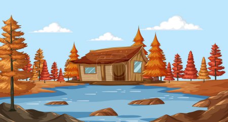 Téléchargez les illustrations : Illustration vectorielle d'une cabane entourée de feuillage automnal - en licence libre de droit