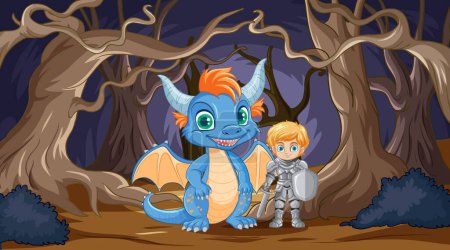 Illustration for A young knight stands beside a friendly dragon. - Royalty Free Image