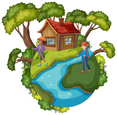 Téléchargez les illustrations : Deux randonneurs explorant la nature près d'une cabane en bois. - en licence libre de droit