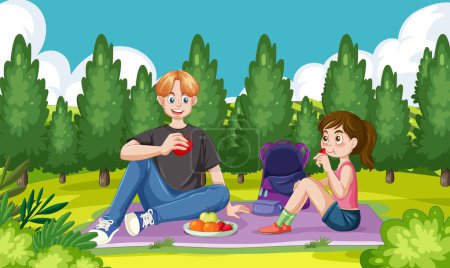 Téléchargez les illustrations : Deux amis profitent d'un pique-nique dans un parc luxuriant. - en licence libre de droit