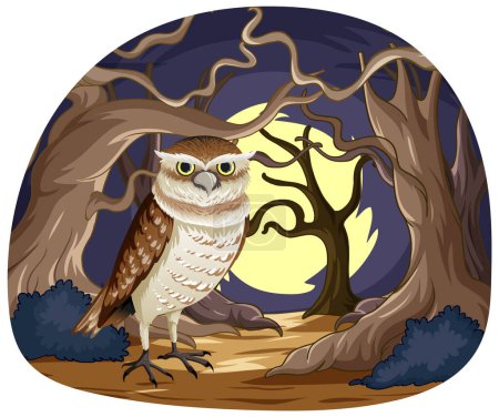 Ilustración de El búho permanece alerta en un espeluznante bosque iluminado por la luna. - Imagen libre de derechos