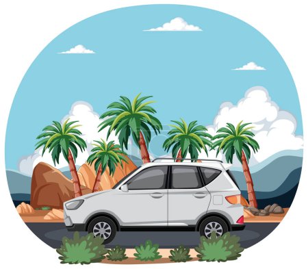 Ilustración vectorial de un coche entre palmeras.