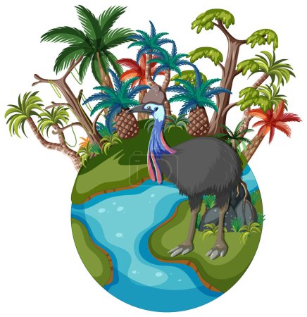 Téléchargez les illustrations : Cassowary sur une île tropicale luxuriante et vibrante. - en licence libre de droit