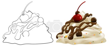 Illustration for Vector illustration of a dessert with cherry and chocolate - Royalty Free Image