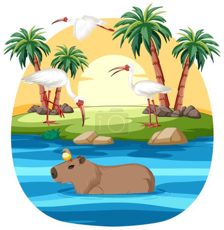 Ilustración de Capibara y cigüeñas en un entorno tropical sereno - Imagen libre de derechos