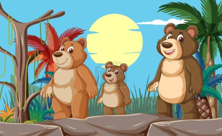 Illustration for Three cartoon bears in a tropical forest setting. - Royalty Free Image