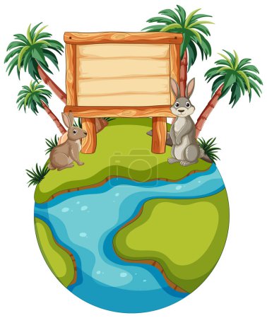 Illustration for Two rabbits beside a sign on a small globe. - Royalty Free Image