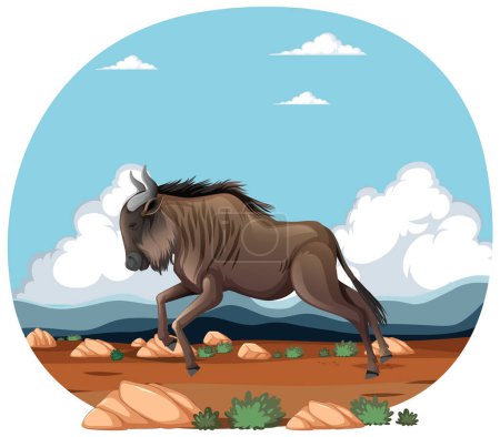 Illustration of a wildebeest galloping across a landscape.