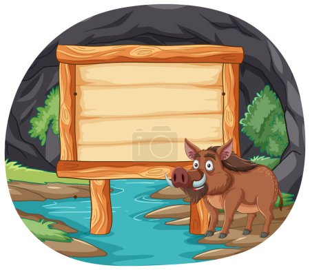 Illustration for Cartoon boar standing next to a blank sign. - Royalty Free Image