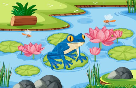 Illustration for Illustration of a frog on a lily pad with flowers. - Royalty Free Image