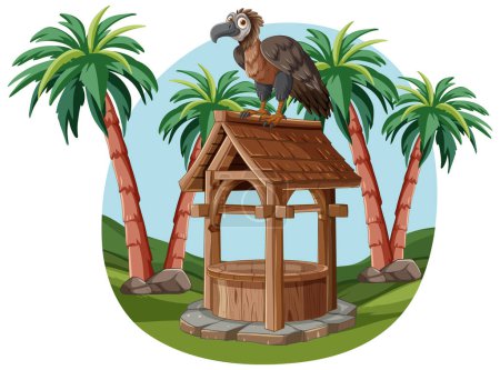 Cartoon vulture on a wooden well with palm trees.