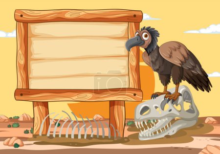 Illustration for Vulture perched on skull near blank wooden sign. - Royalty Free Image