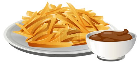 Ilustración de Placa de papas fritas crujientes con un lado de salsa. - Imagen libre de derechos