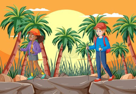 Téléchargez les illustrations : Deux randonneurs explorant un terrain tropical rocheux. - en licence libre de droit