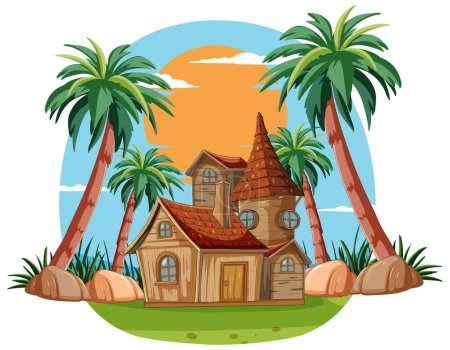 Haus im Cartoon-Stil, umgeben von Palmen.
