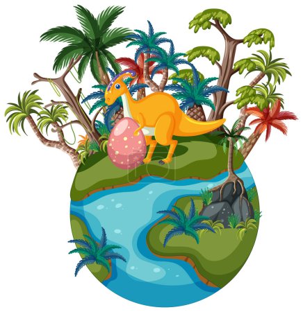 Illustration for Colorful dinosaur guarding egg on lush island. - Royalty Free Image
