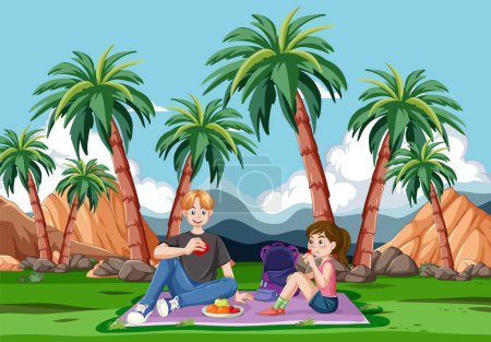 Illustration for Mother and daughter enjoying picnic under palm trees. - Royalty Free Image