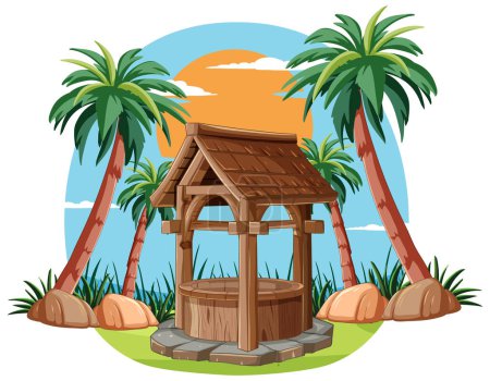 Illustration of a well amidst tropical palms at sunset.