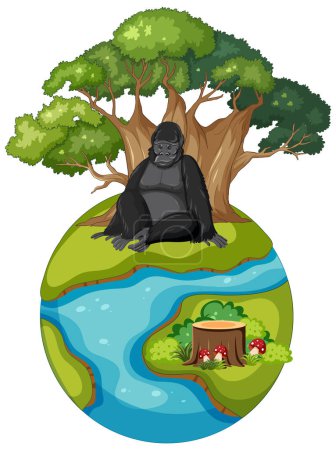 Téléchargez les illustrations : Gorille assis sous les arbres près d'un globe fluvial - en licence libre de droit